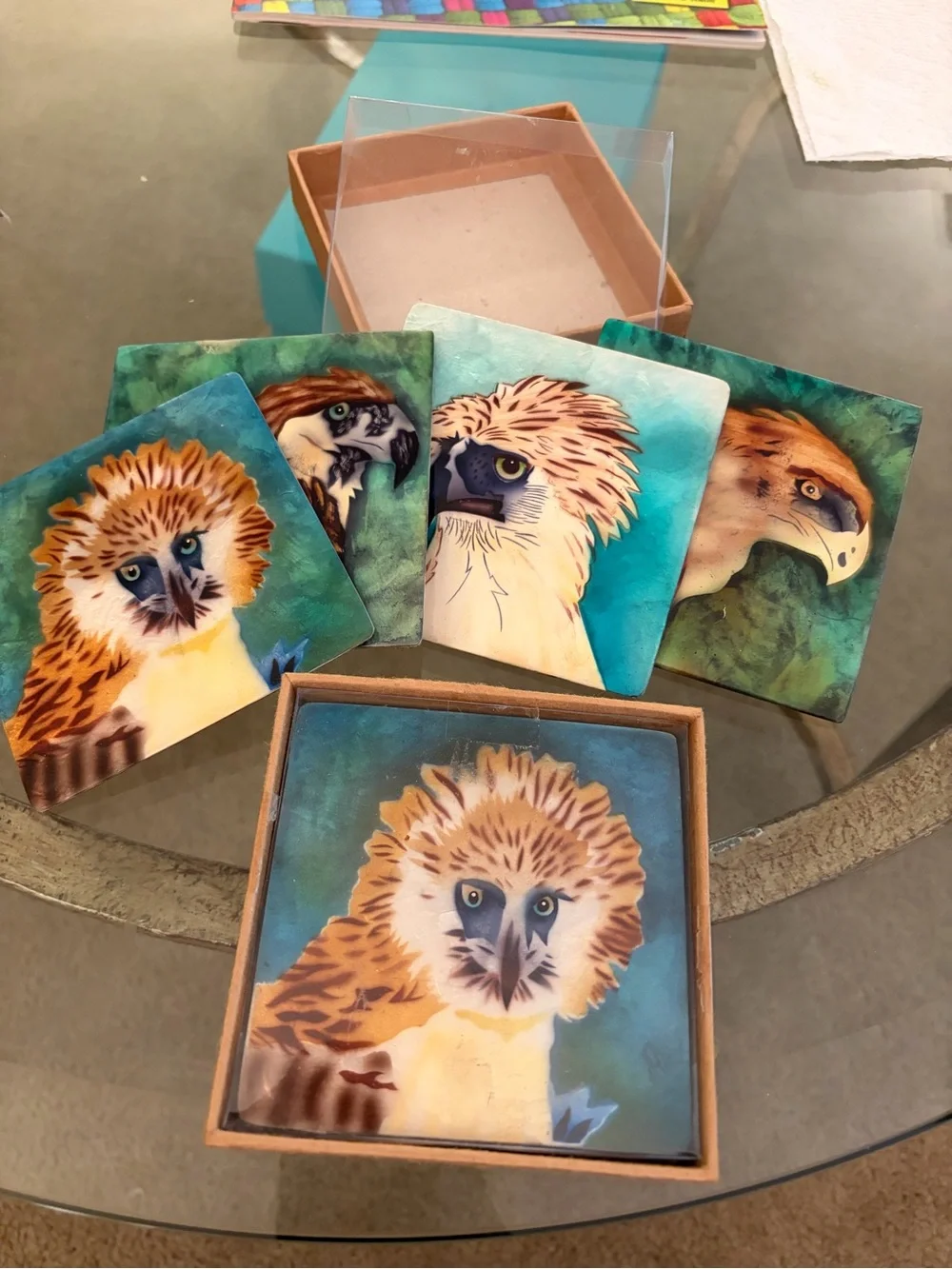 Hand-Painted Raptor Coasters Set — Teal and Brown